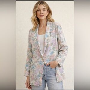 Vintage Sag Harbor women’s Floral Linen Blend Oversized Blazer Jacket Sz 16